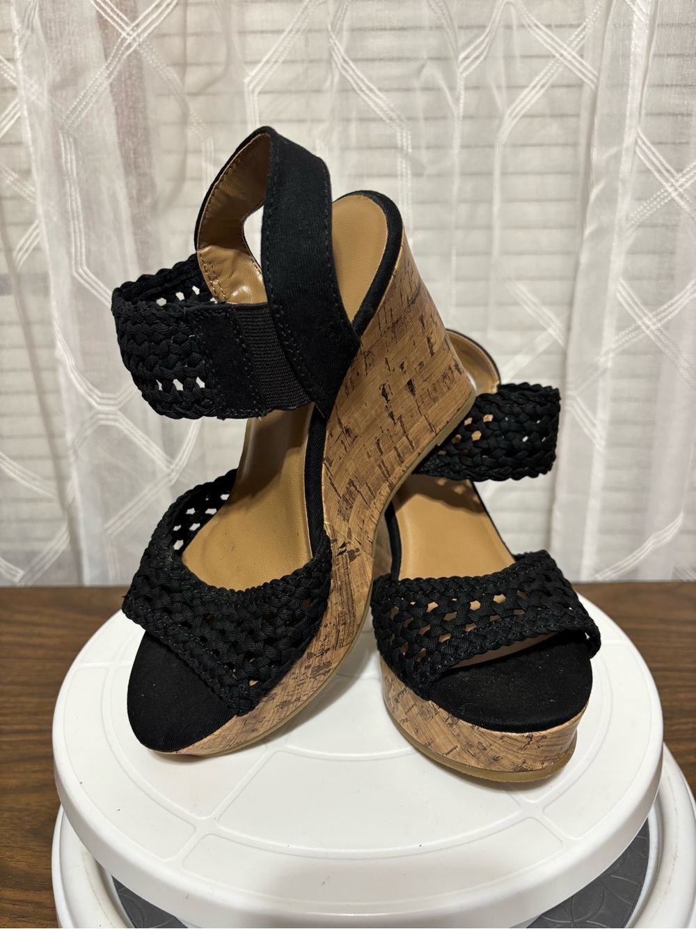 Maurice’s Black Woven Cork Wedge Sandals - Women Sz 6M 4” wedge NWOT